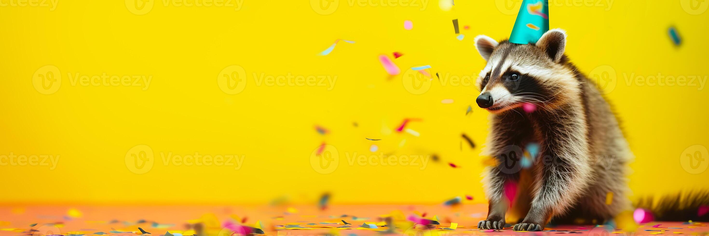 Banner with Funny raccoon in turquoise cap dances in confetti on yellow background. Festive party concept. photo