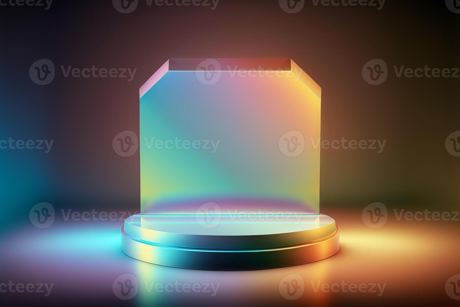 Empty geometric podium for product display on holographic gradient background. illustration photo
