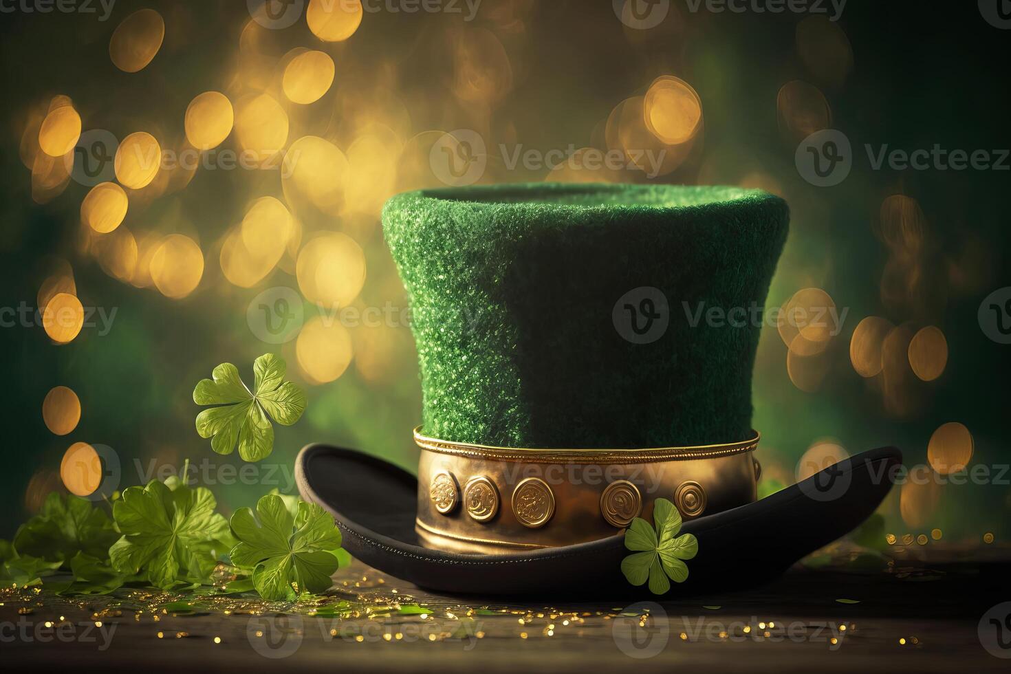 Shiny green hat, gold coins and clover leaves. St. Patrick's day concept. illustration photo
