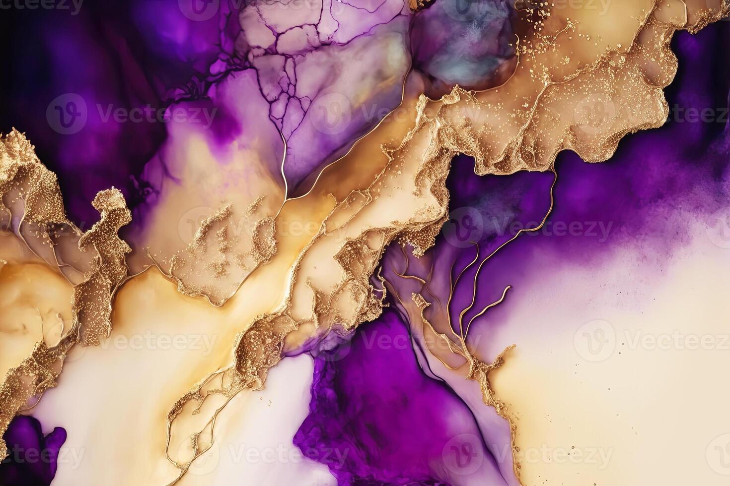 fluido Arte. líquido púrpura tinta y oro metálico resumen gotea y ola. generativo ai ilustración foto