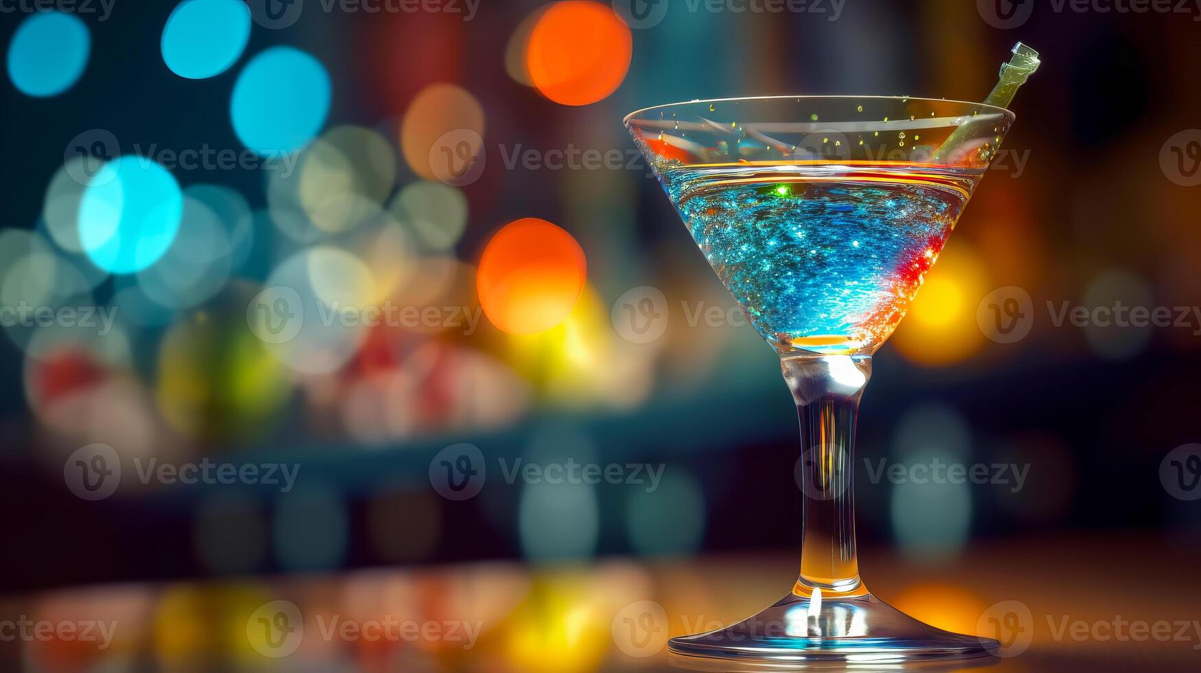 Refreshing blue cocktail with bubbles on blurred bokeh background. illustration photo