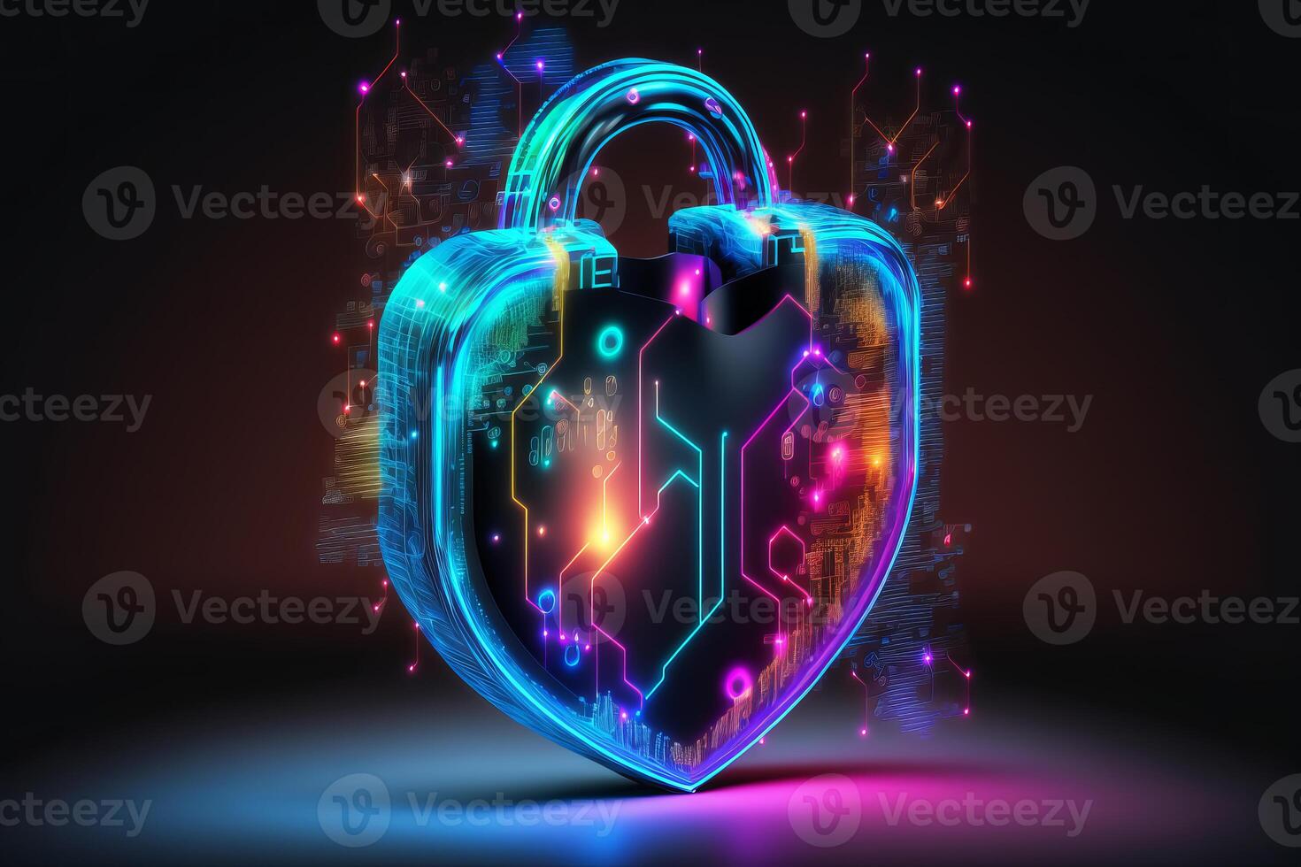 Abstract holographic neon padlock cyber security symbol. Technology network data protection concept. illustration photo