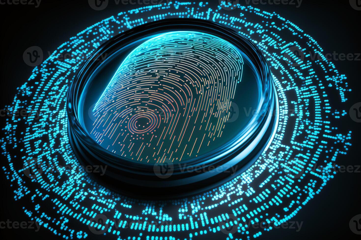 Biometrics identification and cyber security concept. Glowing neon fingerprint on dark background. illustration. photo