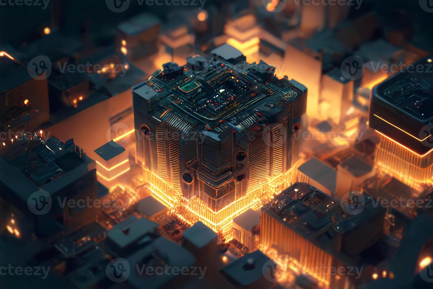 Motherboard with electronic circuits and CPU with glowing neon structures. Abstract cybernetic technologies. illustration photo