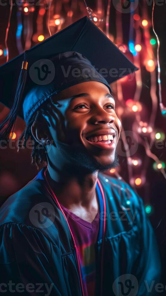 Portrait of black american young man wearing a graduation cap dancing at the party. Festive bokeh background. illustration photo