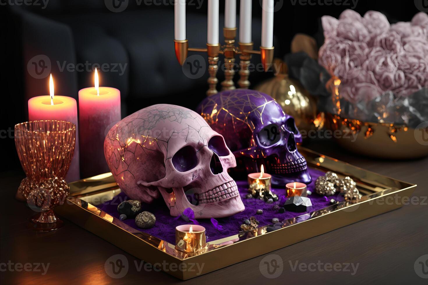 Magic purple gemstones and skull for esoteric spiritual practice, Healing Crystal Ritual, Witchcraft, future predictions. illustration photo