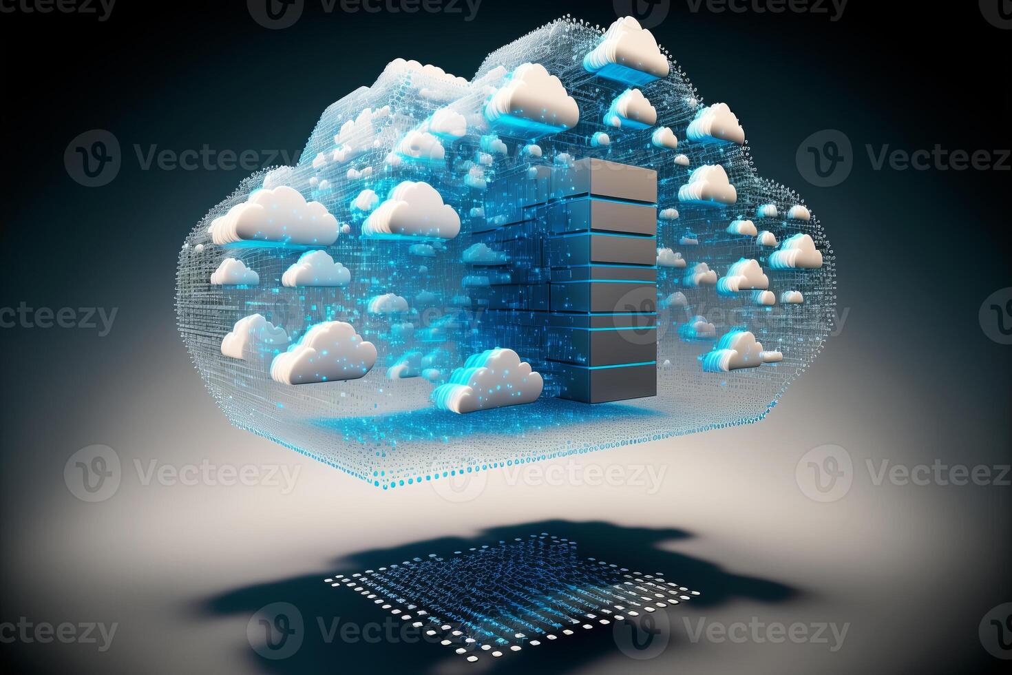 Cloud computing Data Base Technology concept with glowing neon structures on a dark background. illustration photo