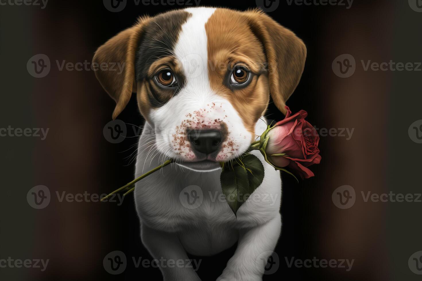 Cute puppy gives a rose. Romantic concept or women's day holiday concept. illustration photo