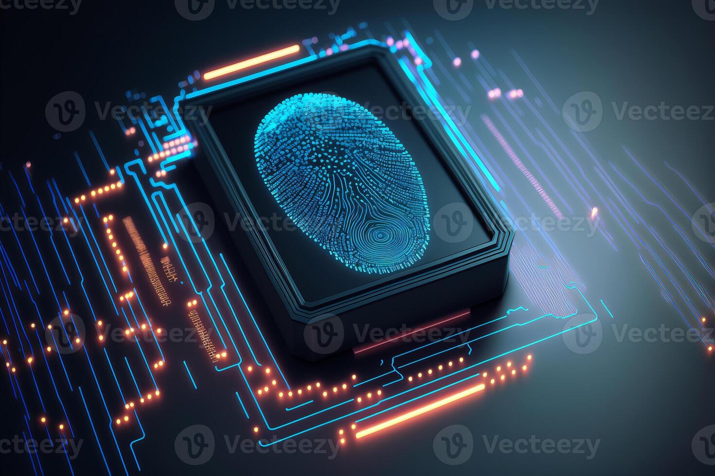 Biometrics identification and cyber security concept. Glowing neon fingerprint on dark background. illustration. photo
