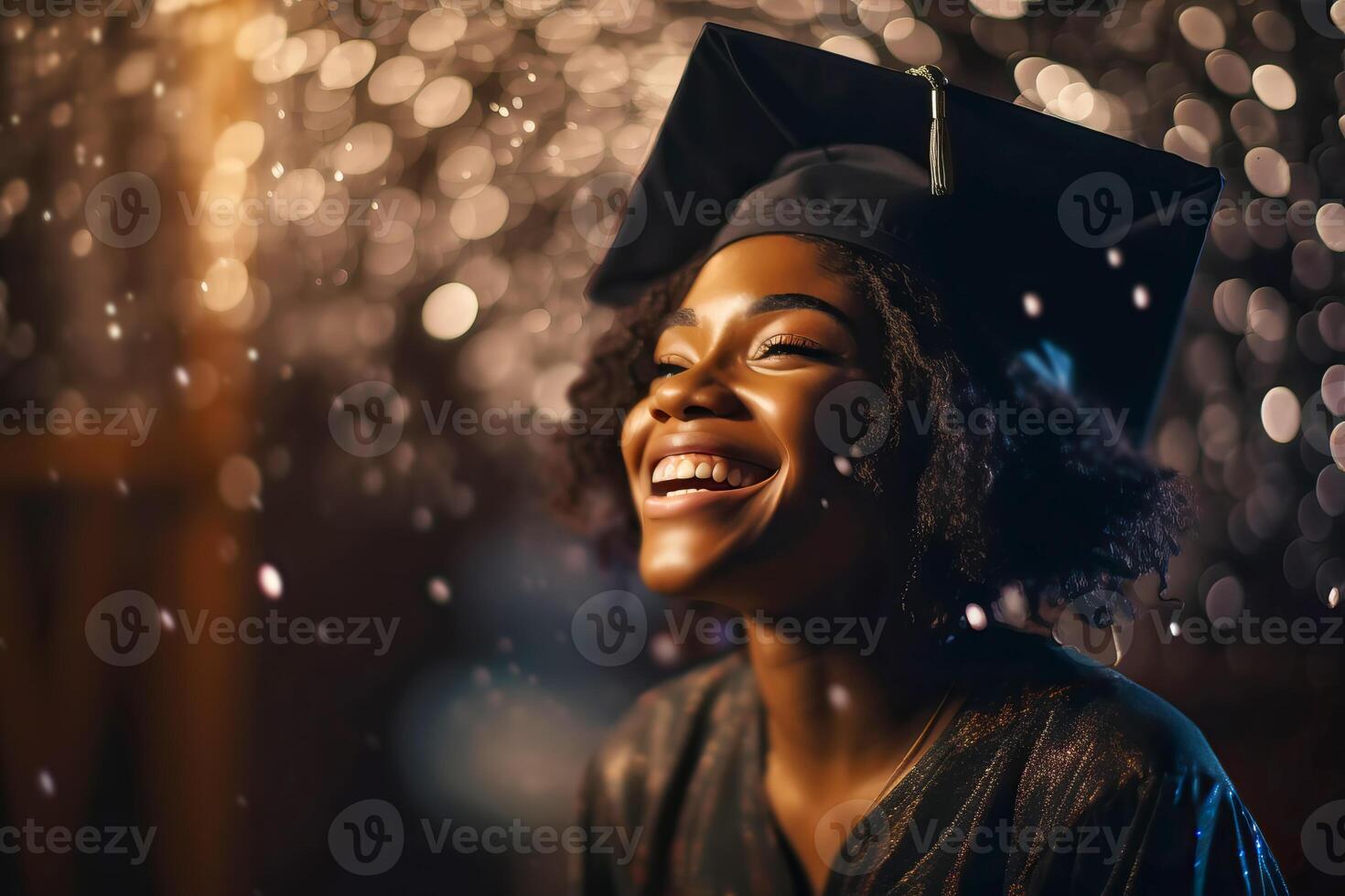 Portrait of black american young woman wearing a graduation cap dancing at the party. Festive bokeh background. illustration photo