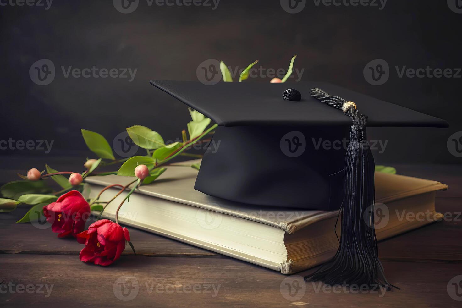 Graduate cap, apple branch and academic books. Study, education, university, college, graduate concept. illustration photo