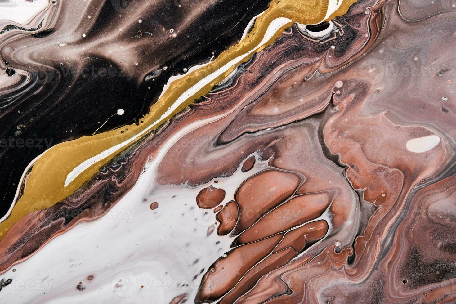 Acrylic Fluid Art. Brown and black waves with liquid golden curve. Abstract marble agate stone background or texture, fake kintsugi technique photo