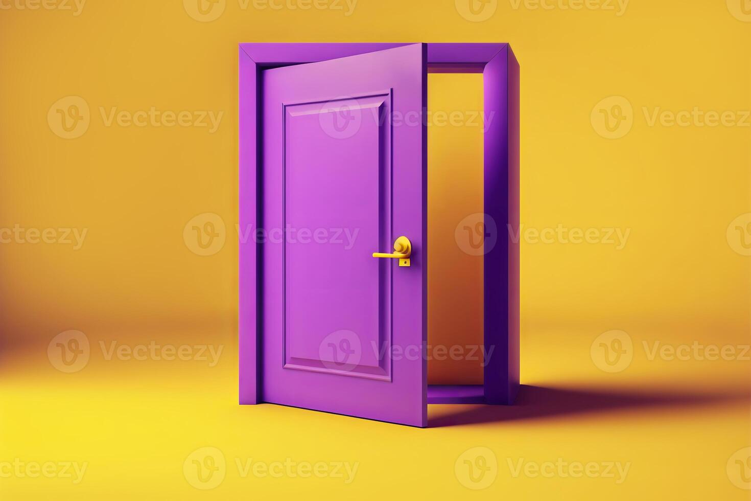 Open purple door on yellow background. Creative concept of accessibility, choice, exit. illustration photo