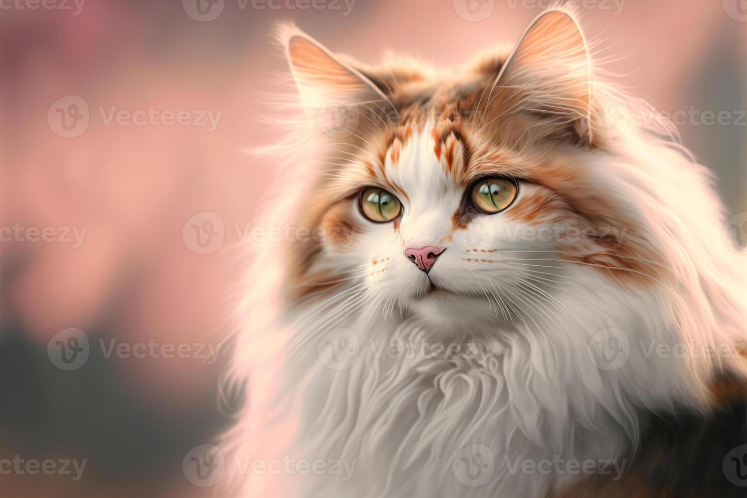 Beautiful fluffy ginger cat portrait on sunset light background. illustration, copy space photo