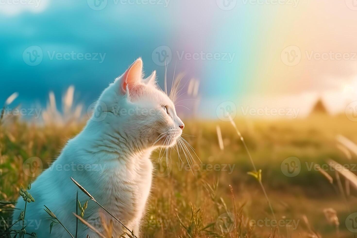 Cute pet cat goes to rainbow. Metaphor for pet's departure to afterlife. illustration photo