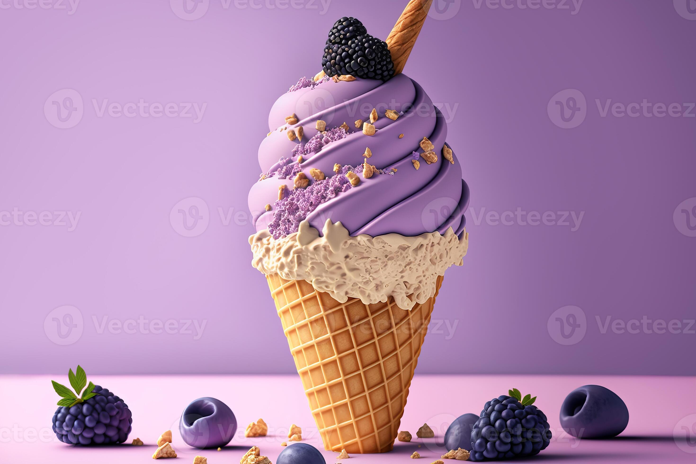 Purple Ice Cream Cone decorated with berries close-up on Purple