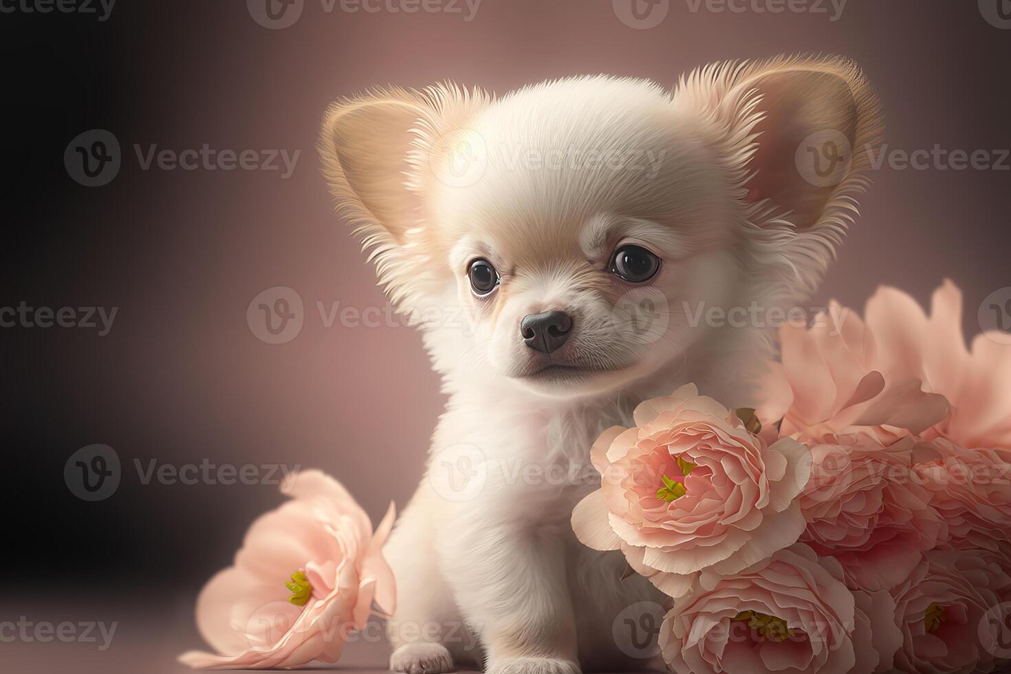 Cute fluffy dog and flowers. Festive tender greeting card. illustration photo