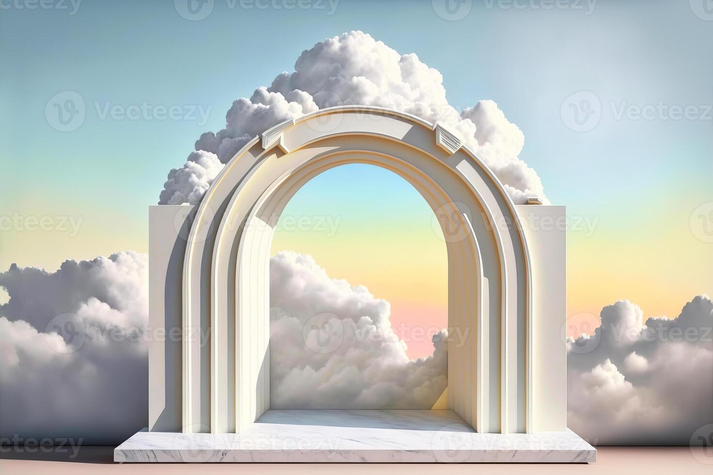 Arched portal podium on fantasy surreal landscape. Pastel gradient cloud sky. illustration photo
