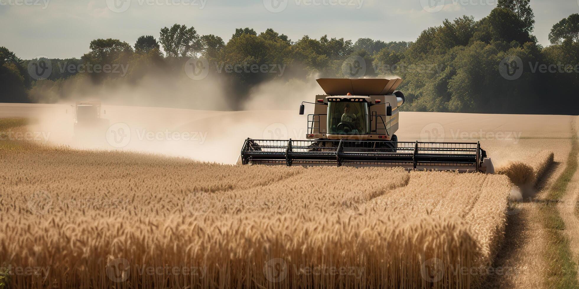 ai generado. ai generativo. segador combinar tractor a puesta de sol campo de trigo grano planta. granjero al aire libre inspirador onda. gráfico Arte foto