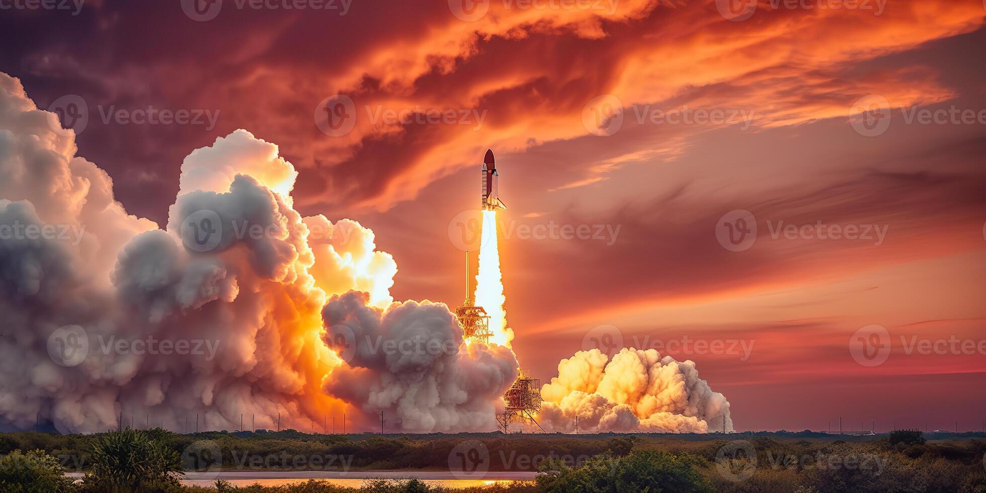 . . Photo realistic illustration of rocket shutle ship nasa launching. Adventure space travel explore vibe. Graphic Art