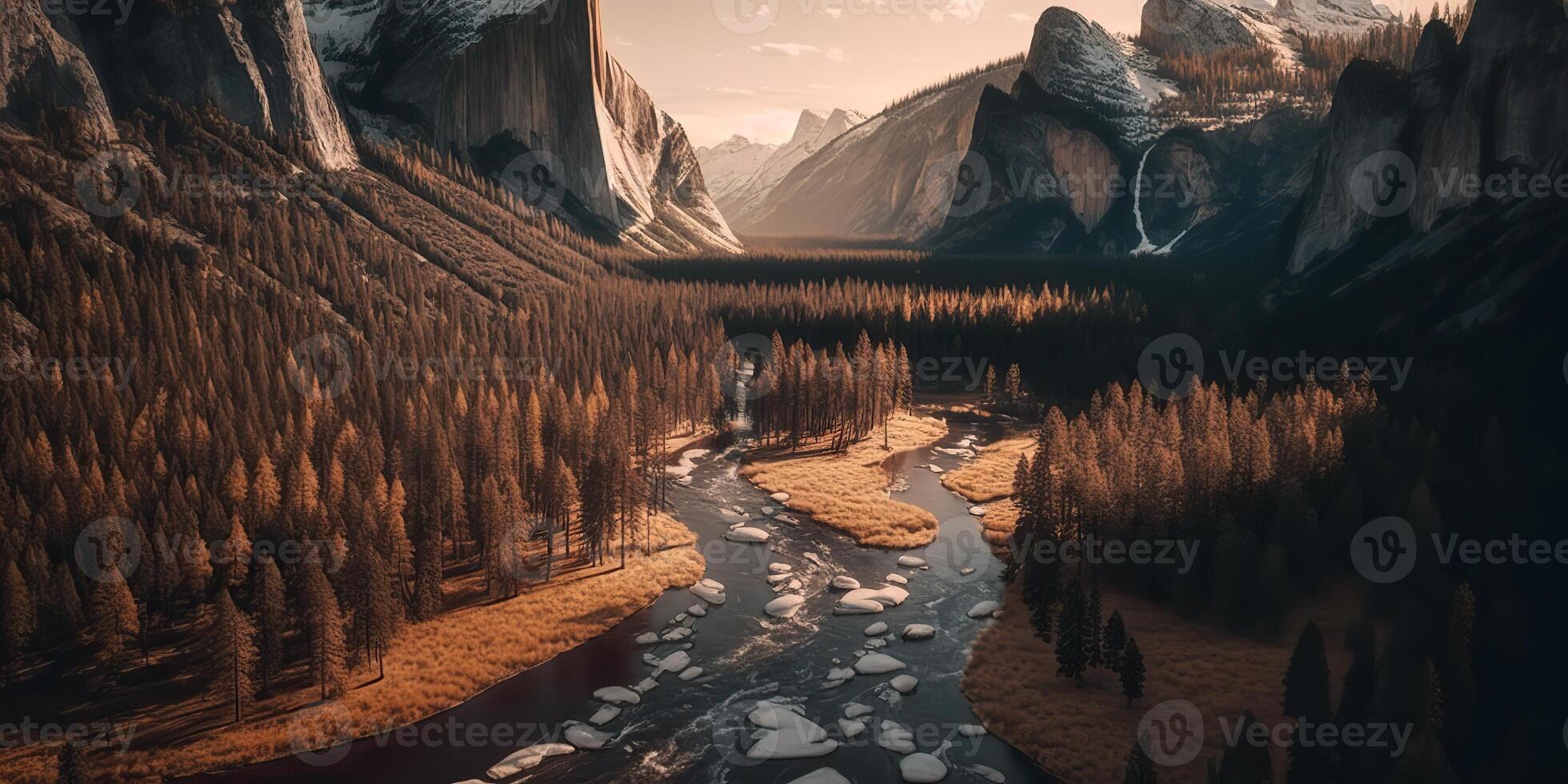 . . Photo realistic illustration of usa american Yosemite national park in the evening morning. Adventure explore vibe. Graphic Art