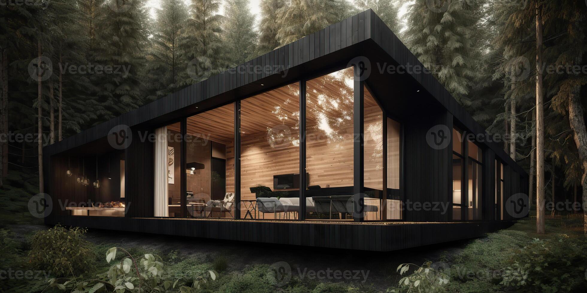. . Photo realistic illustraion of modern vintage wood cabin hotel room in dark forest. Romantic couple vacation vibe. Graphic Art