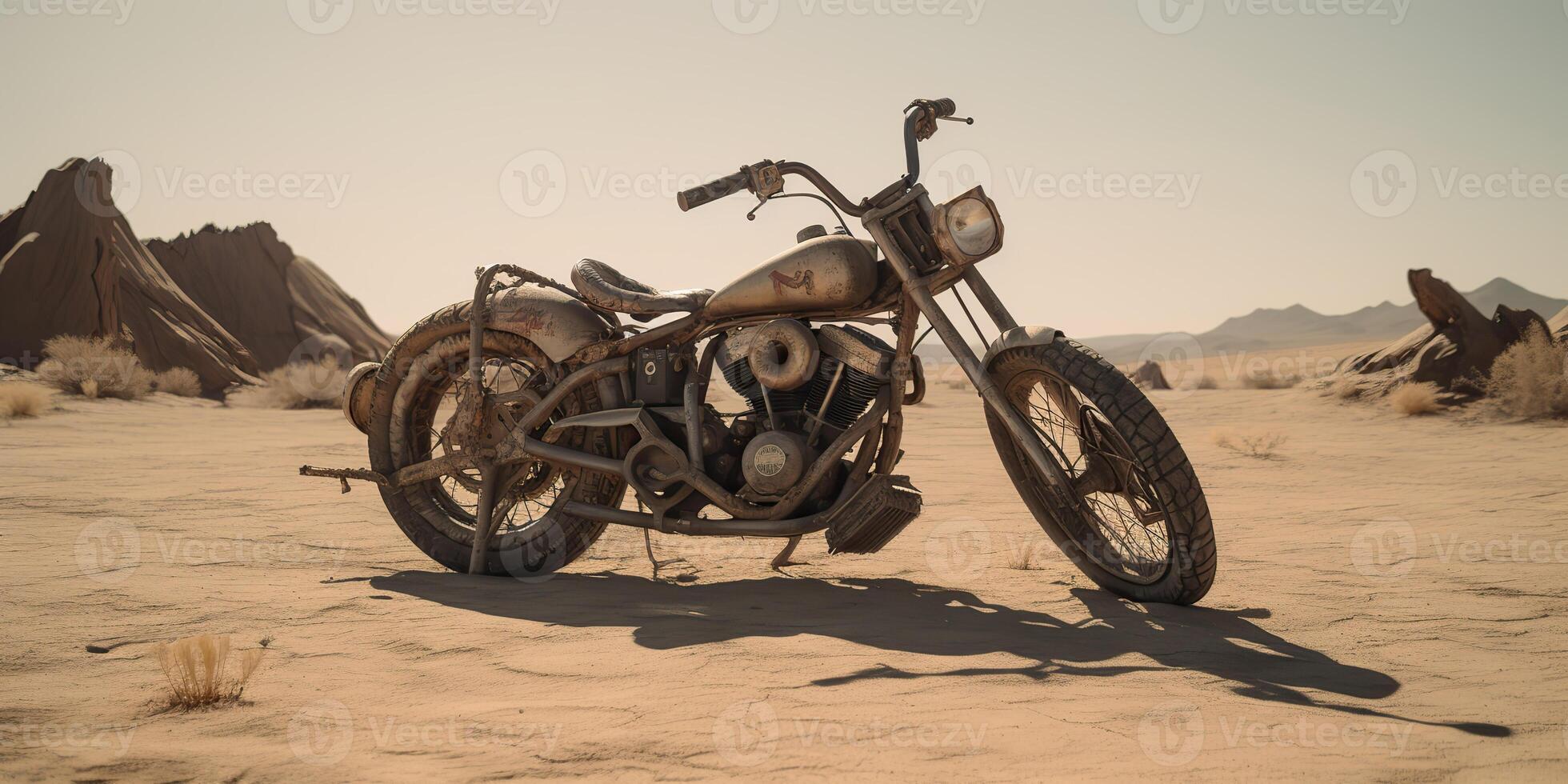 ai generado. ai generativo. antiguo Clásico retro brutal motor bicicleta en Desierto la carretera. enojado max película inspirado. aventuras explorar viaje onda. gráfico Arte foto