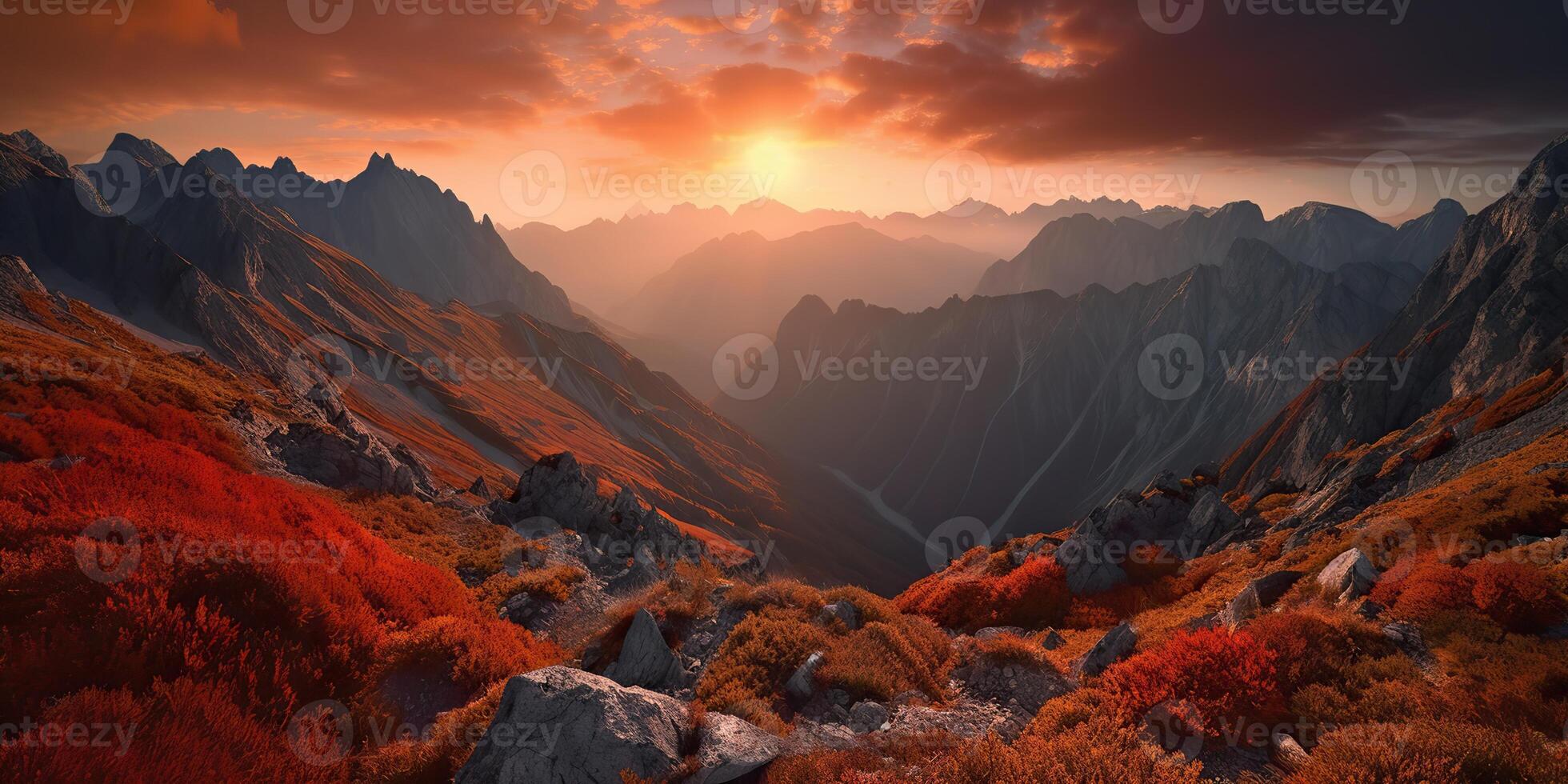 . . Photo realistic illustration of alpen landscape background mountaines hike rocks. Adventure hiking travel explore vibe. Graphic Art