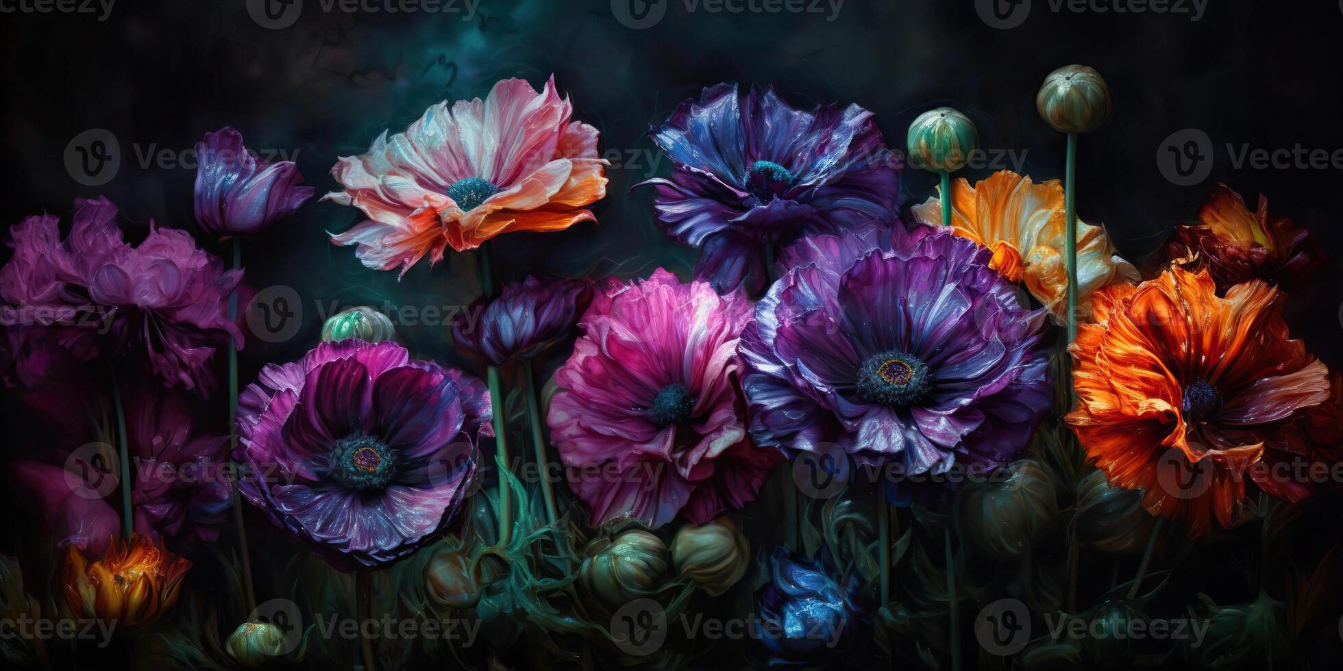 . . Beatiful painted oil drawing flowers. Aesthetics style inspired by dark mood Tim Burton vibe. Graphic Art photo