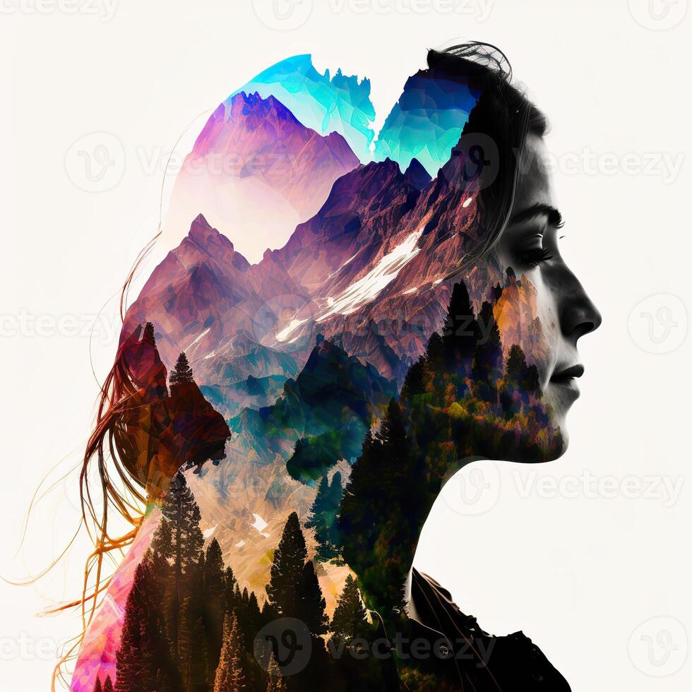 . . Double exposure photo realistic illustration of combine pretty young girl and nature forest mountaines landscape. Adventure explore free sould vibe. Graphic Art