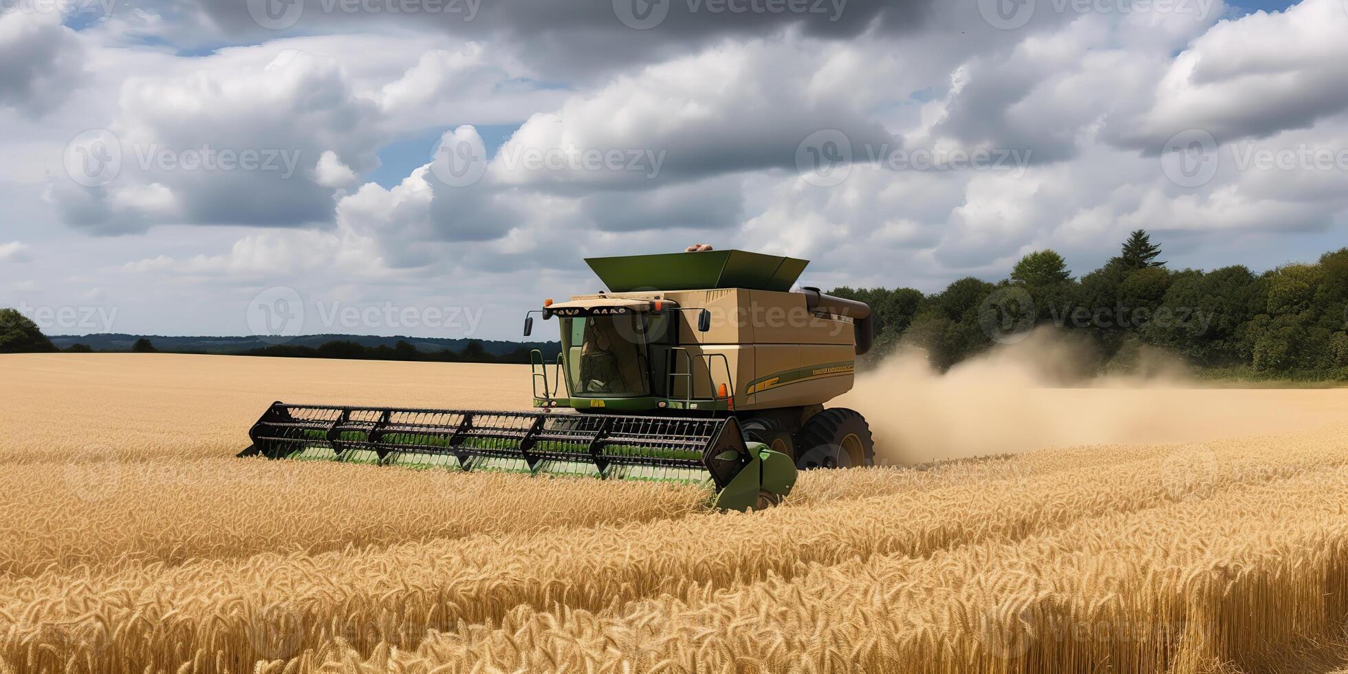. . Harvester combine ctractor at sunset field of wheat grain plant. Farmer outdoor inspirational vibe. Graphic Art photo
