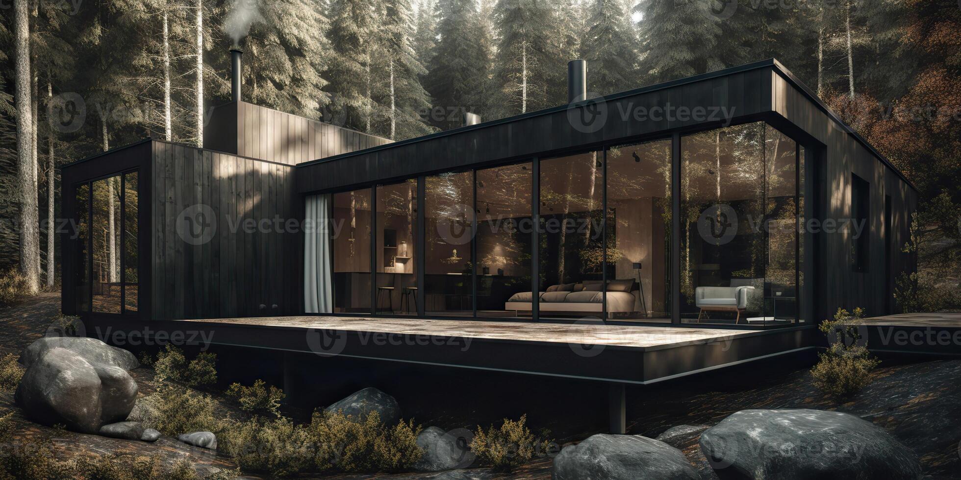 . . Photo realistic illustraion of modern vintage wood cabin hotel room in dark forest. Romantic couple vacation vibe. Graphic Art