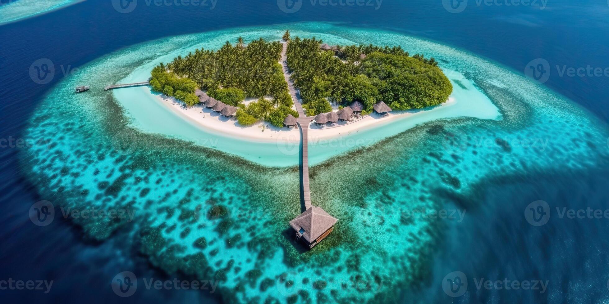 . . Aerial drone photo realistic illustration of island maldives in heart shape. Paradise adventure vacation tropical vibe. Graphic Art