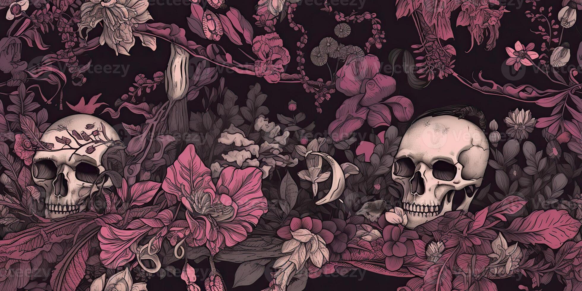 Background pattern with dark moody forest flowers and skulls. Halloween