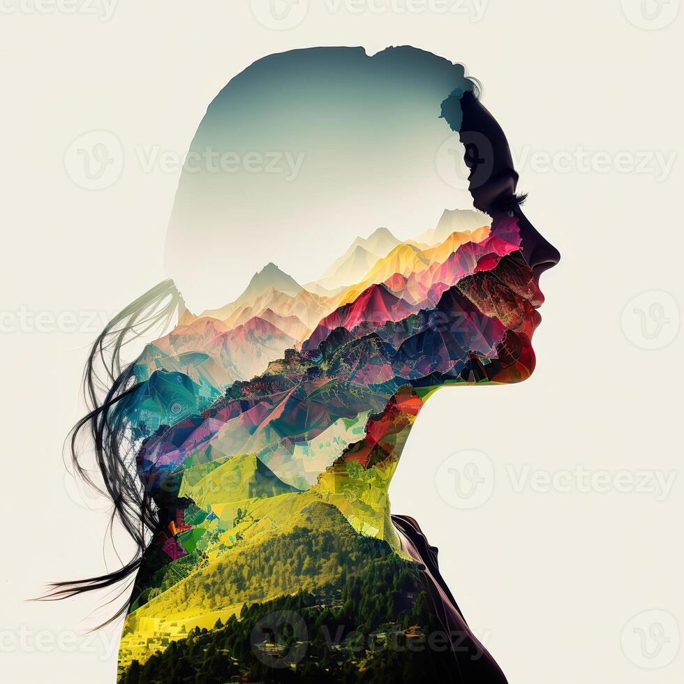 . . Double exposure photo realistic illustration of combine pretty young girl and nature forest mountaines landscape. Adventure explore free sould vibe. Graphic Art