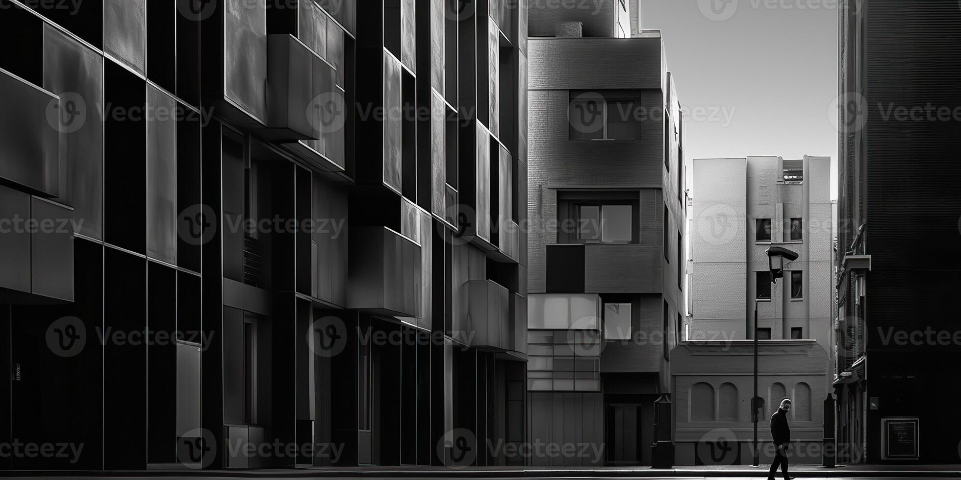 . . Monochrome black and white city urban photo realistic illustration with lonely person. Noir drama lonely vibe. Graphic Art