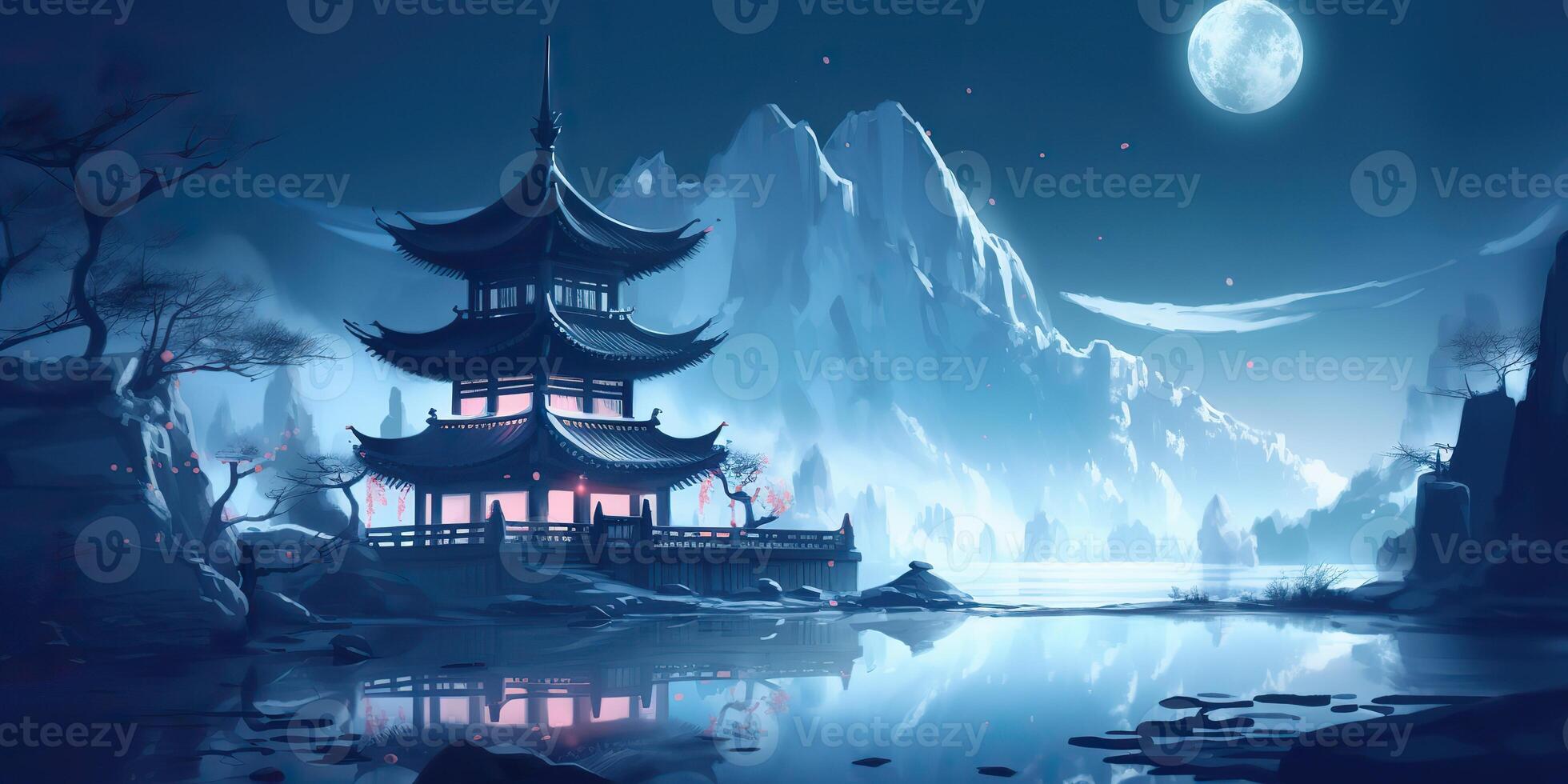 . Asian chinese cartoon style blue colors pagoda temple tower landscape. . Graphic Art photo