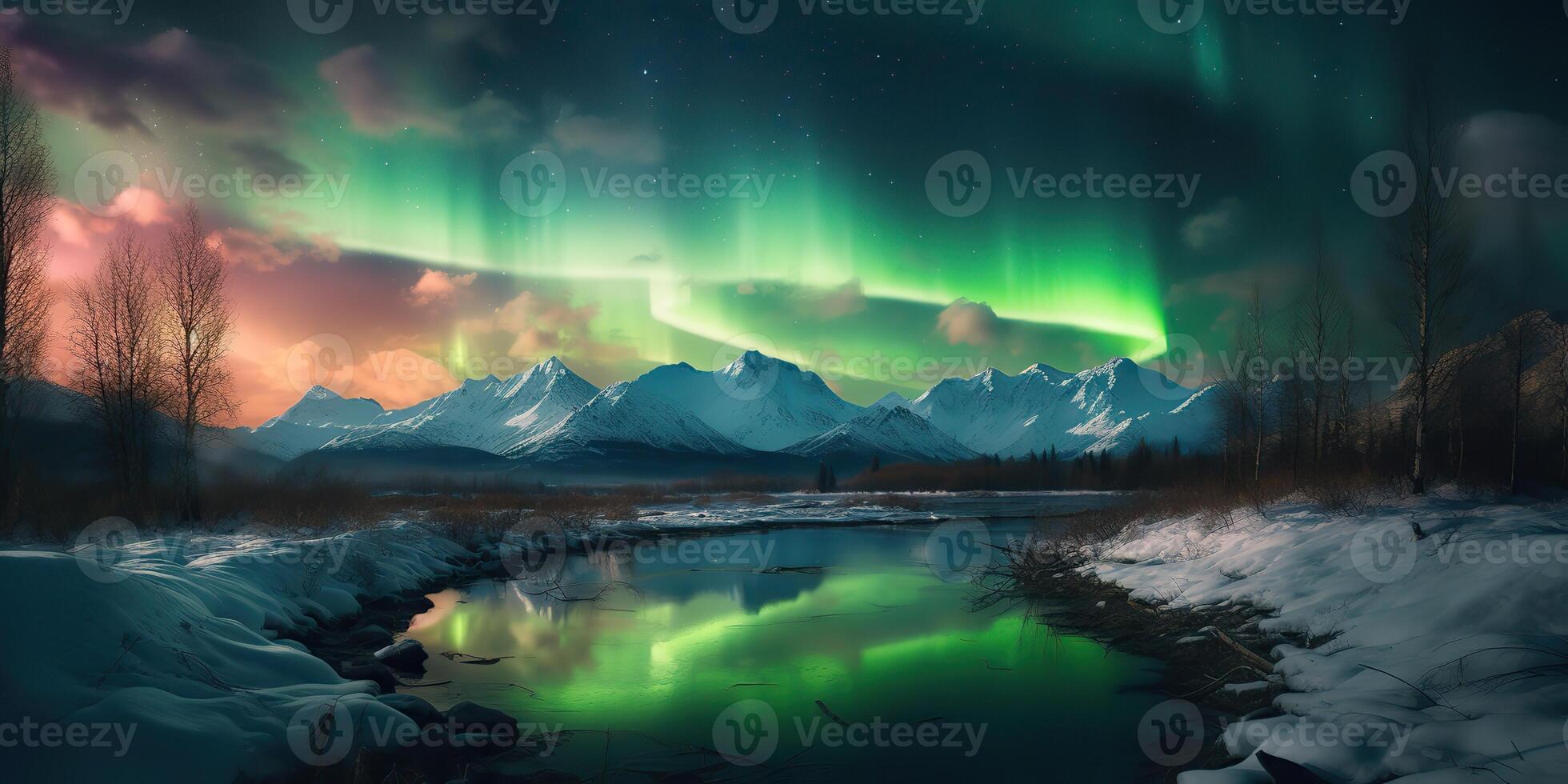. Photo realistic illustration of aurora northern light. Adventure expidition vibe. . Graphic Art