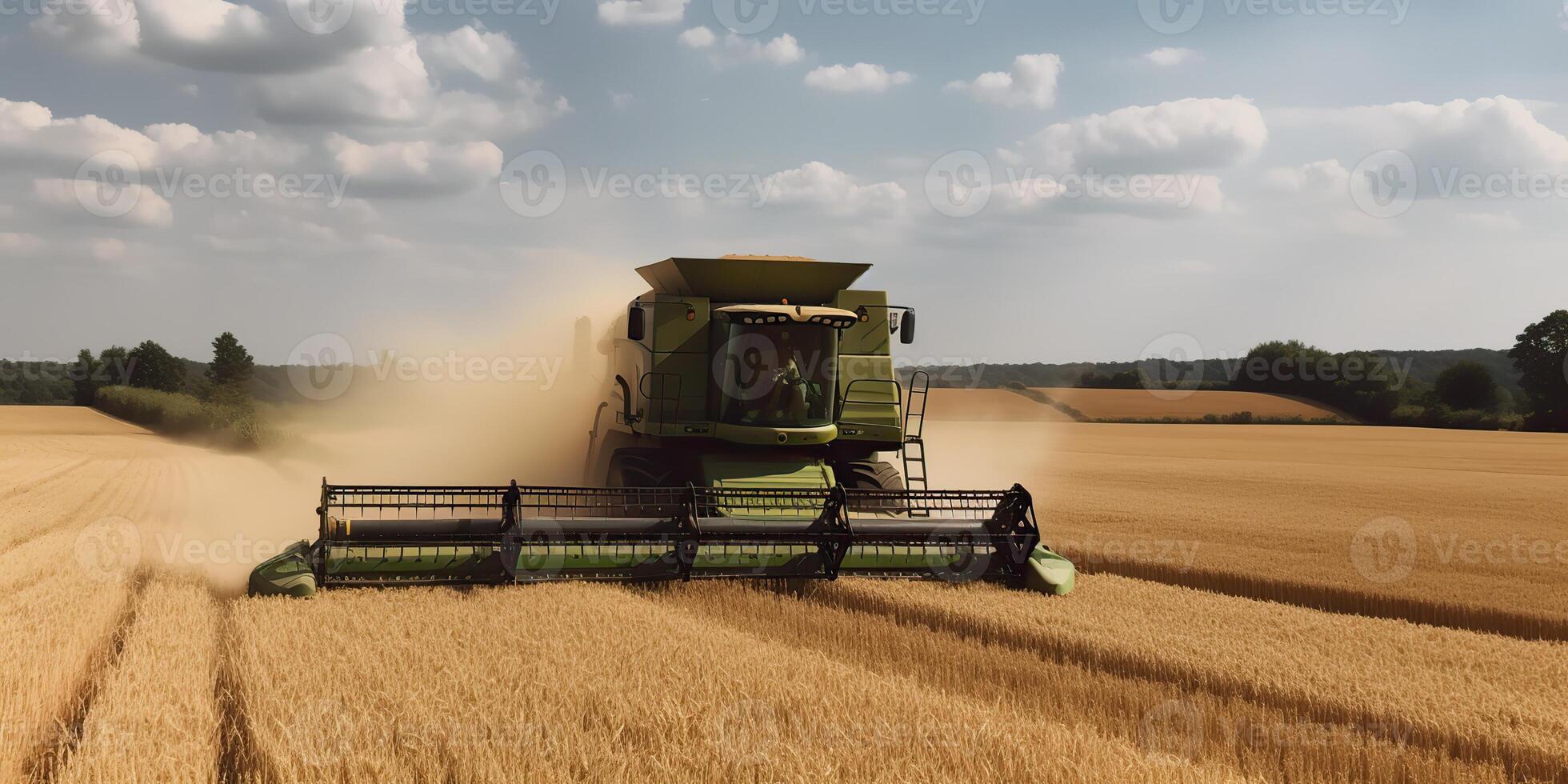 ai generado. ai generativo. segador combinar tractor a puesta de sol campo de trigo grano planta. granjero al aire libre inspirador onda. gráfico Arte foto