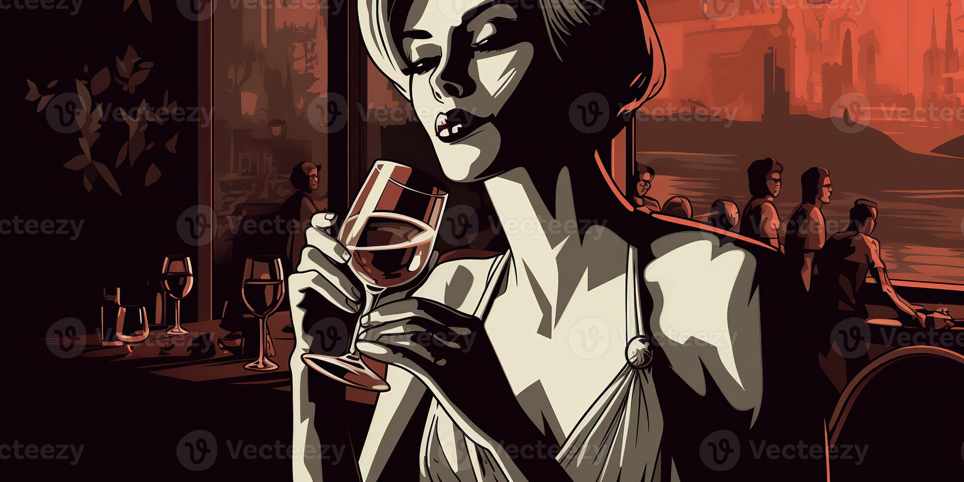 . . Retro vintage pretty woman with red wine glass at night party pub. Romantic noir film vibe. Graphic Art Illustration. photo