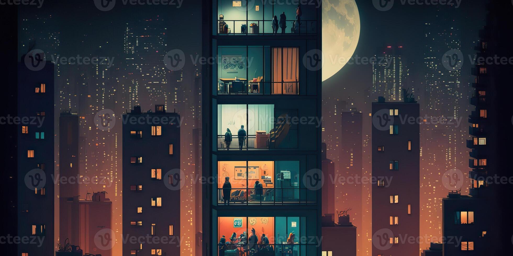 . . Cartoon game blender render mood illustration of moon and building with people. Graphic Art photo