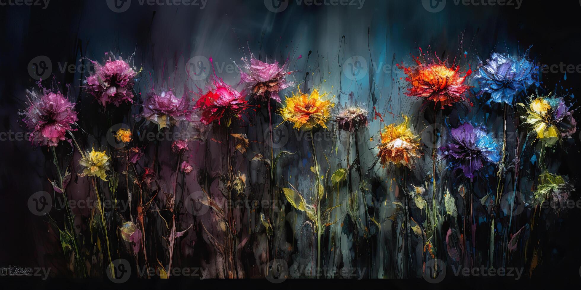 . . Beatiful painted oil drawing flowers. Aesthetics style inspired by dark mood Tim Burton vibe. Graphic Art photo