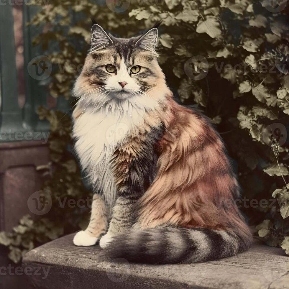 ai generado. ai generativo. Década de 1910 Clásico retro de colores foto realista fotografía ilustración. bolígrafo animal gatito gato relajarse onda. gráfico Arte