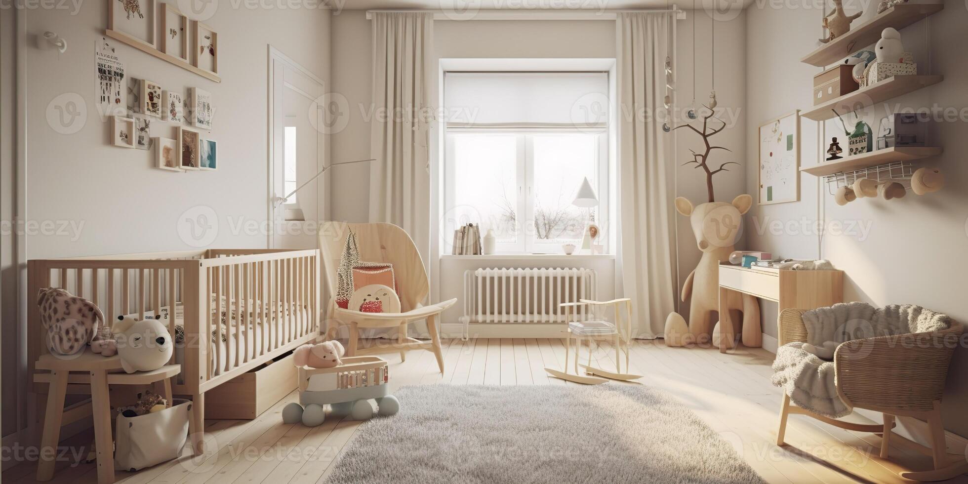 Chalet Baby Bedroom Interior with Cozy Cradle Bed. Light Brown Childish  Room with Wooden Empty Cot. Beautiful Child Toy in Large Cottage  Background. Generative AI 27078317 Stock Photo at Vecteezy