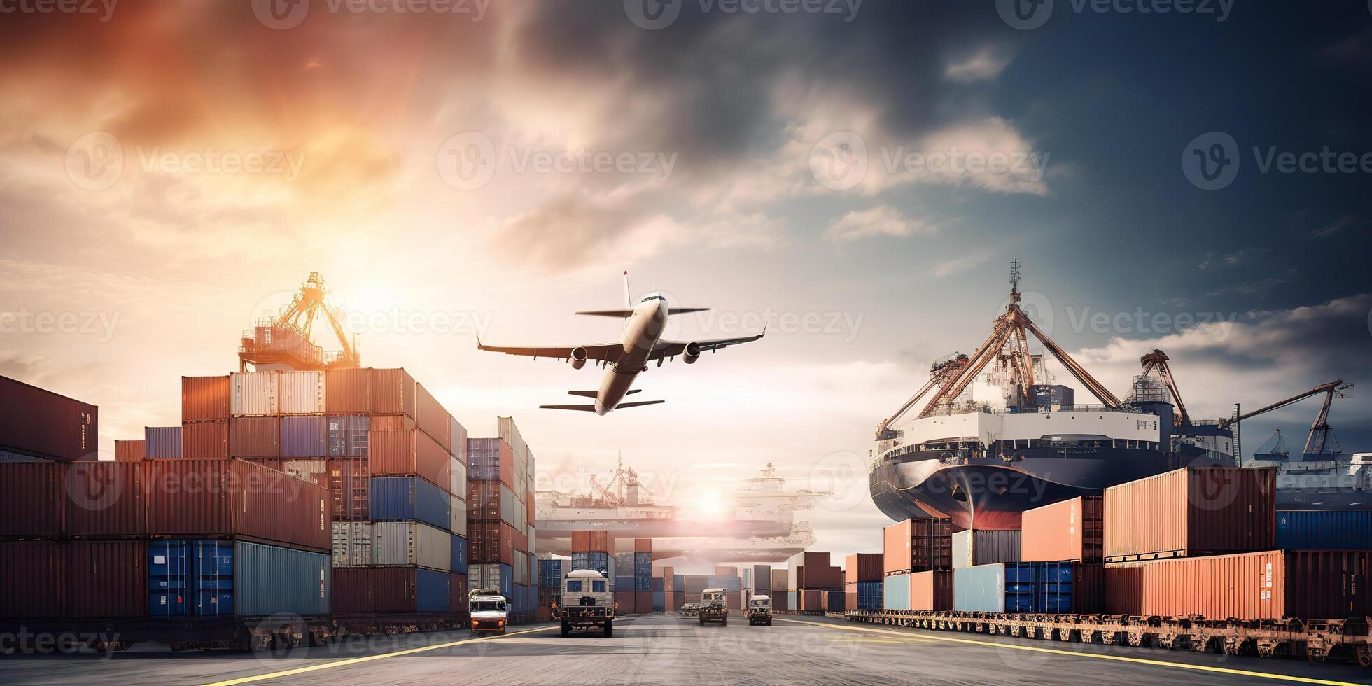 . . Photo Realistic shot of sea port cargo with ships and containers. Logistic business transportation doc. Graphic Art