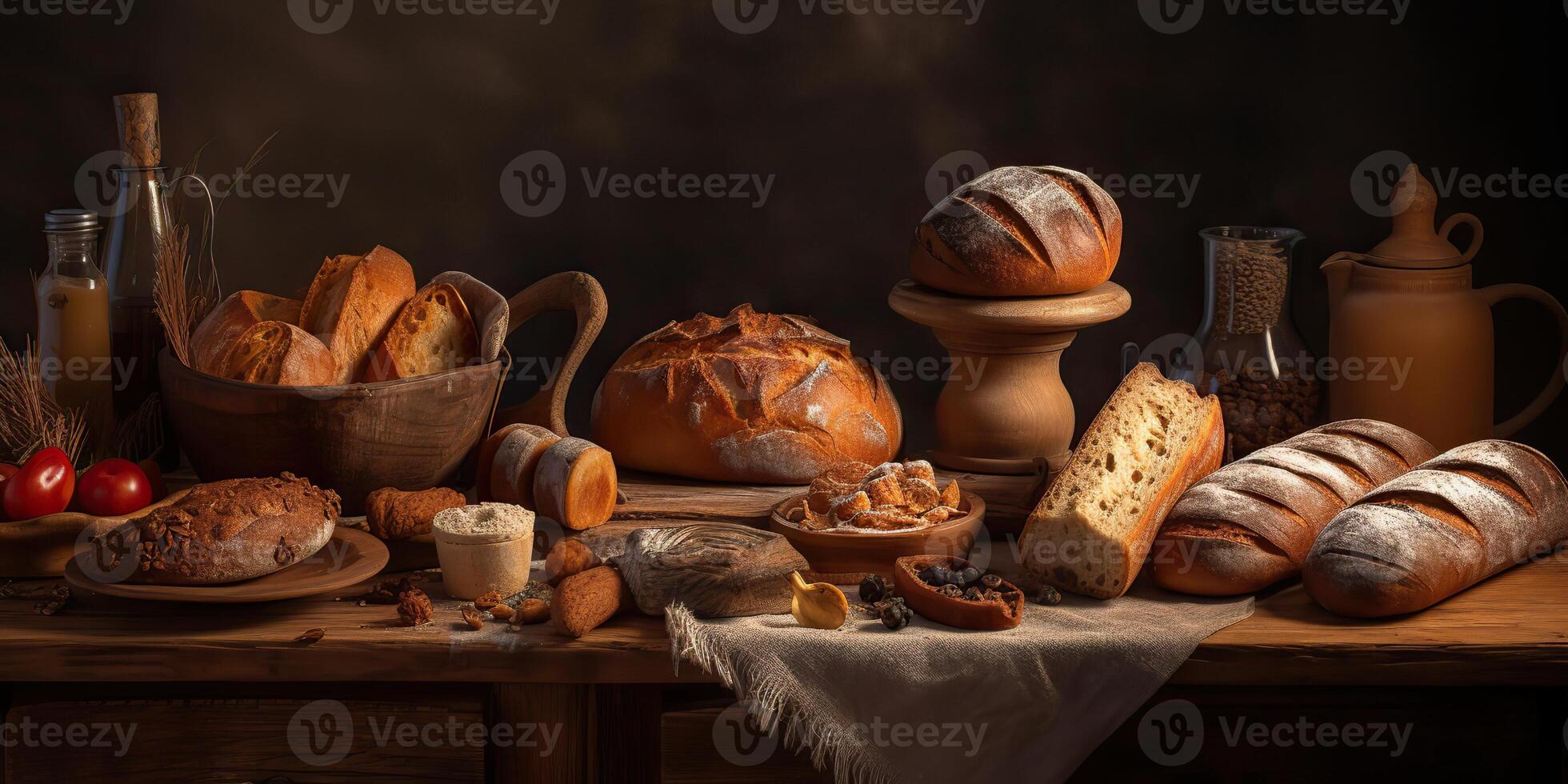 . . A lot of different fresh baked bread products and deserts. Bakerhouse warm vibe. Graphic Art photo
