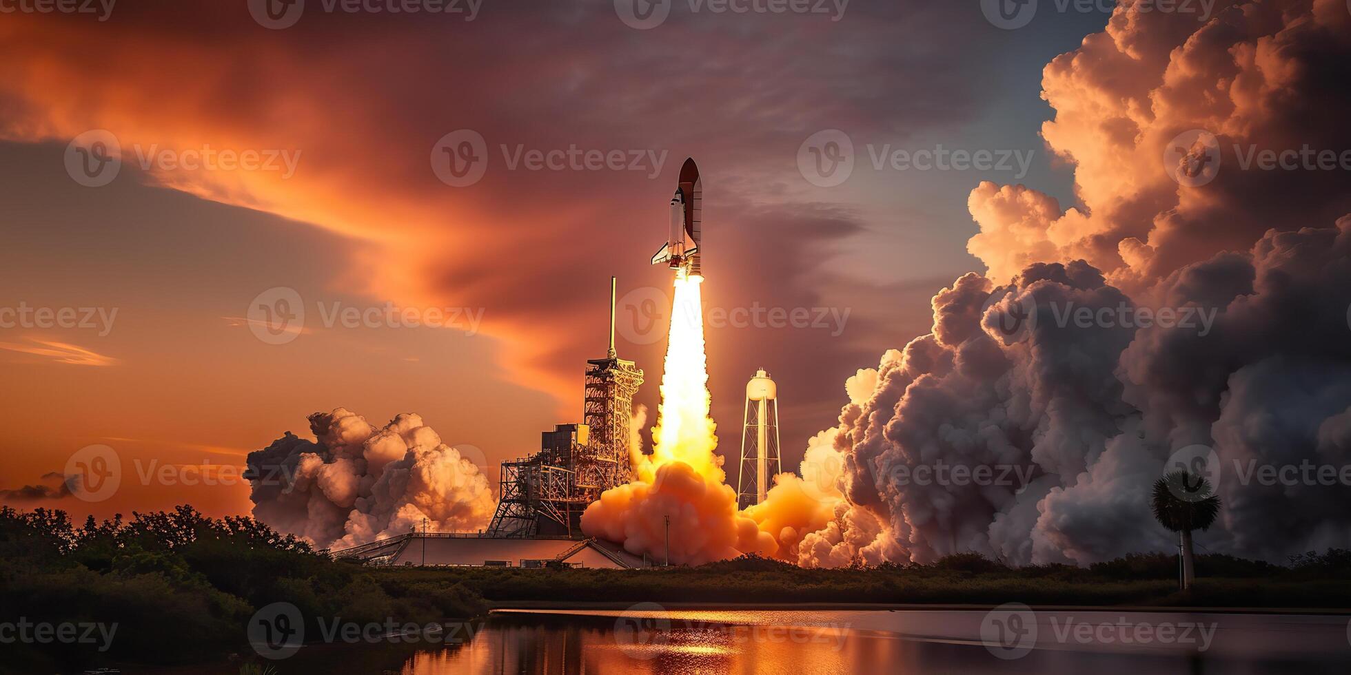 . . Photo realistic illustration of rocket shutle ship nasa launching. Adventure space travel explore vibe. Graphic Art