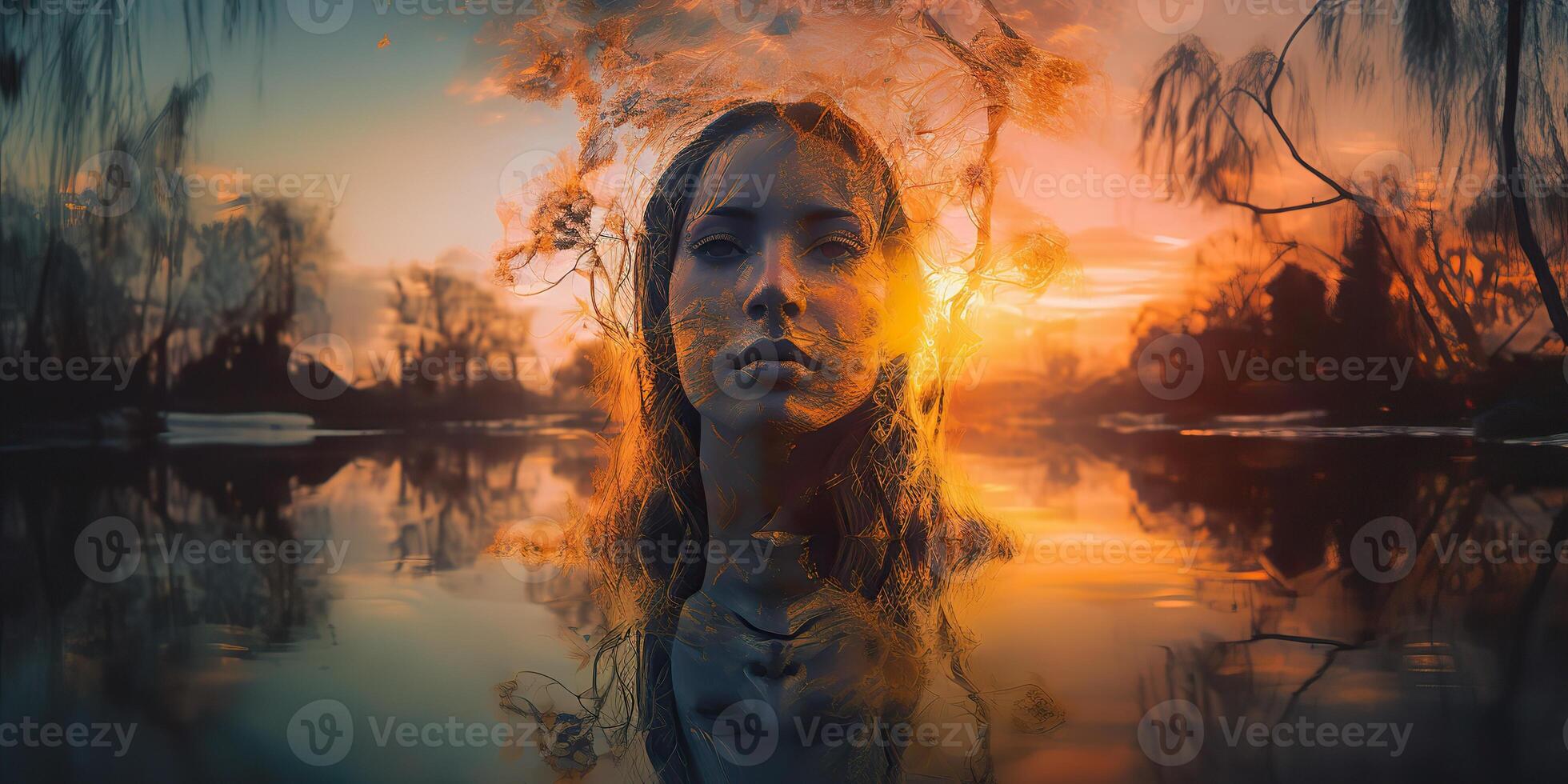 . . Double exposure photo realistic illustration. Romantic free soul lifestyle adventure vibe. Graphic Art