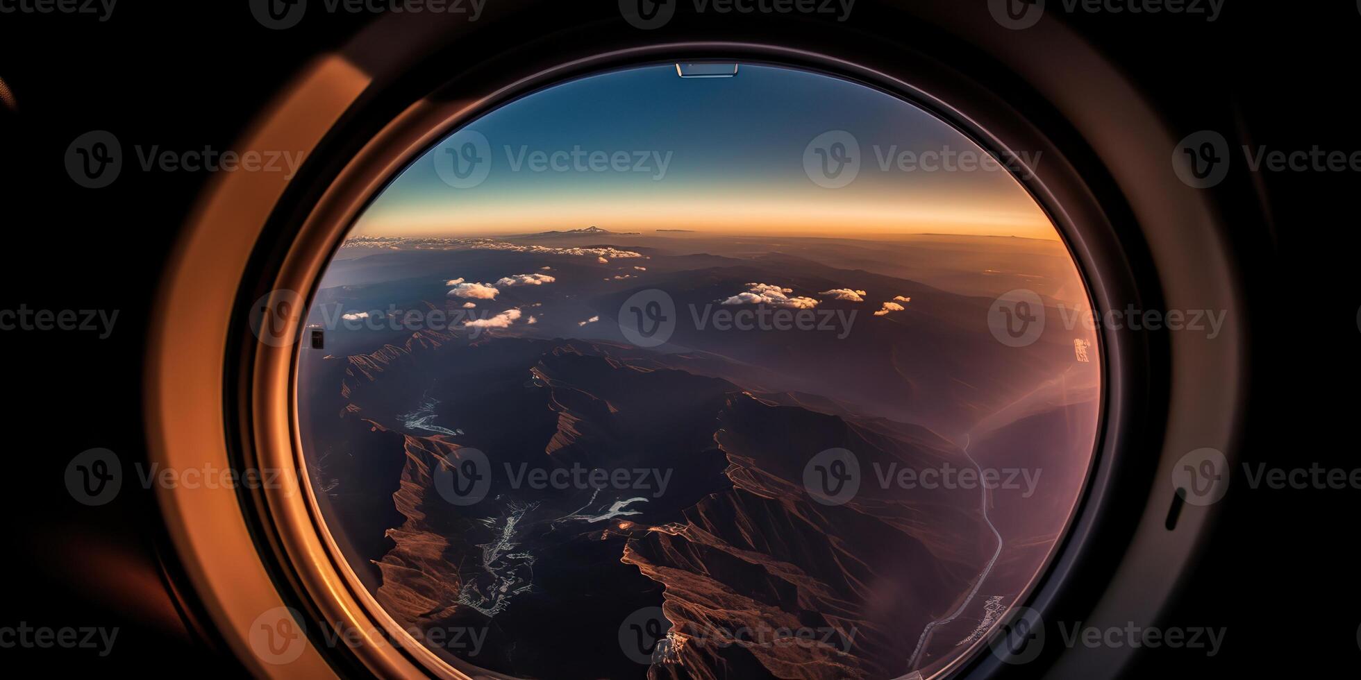 . . Photo realistic illustration of clouds above sky up in the air view through the air plane aircraft window. Adventure travel vacation vibe. Graphic Art