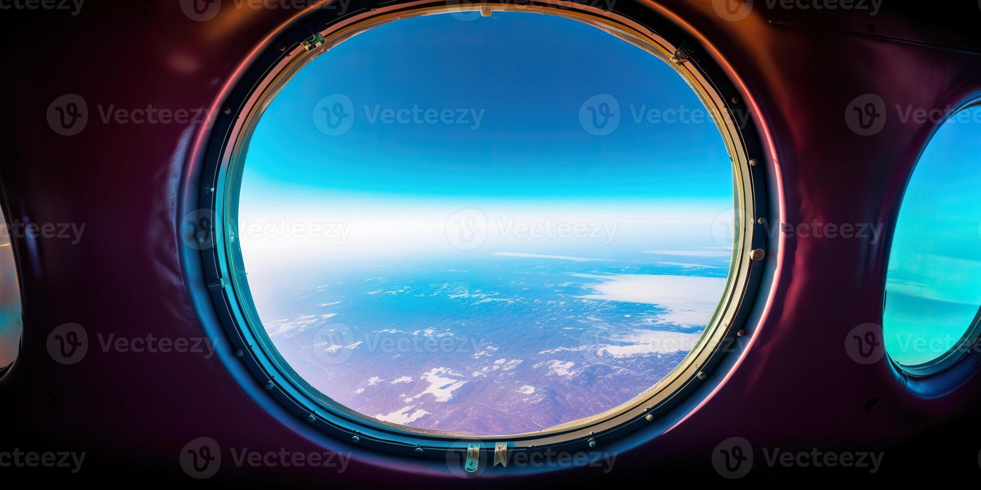. . Photo realistic illustration of clouds above sky up in the air view through the air plane aircraft window. Adventure travel vacation vibe. Graphic Art